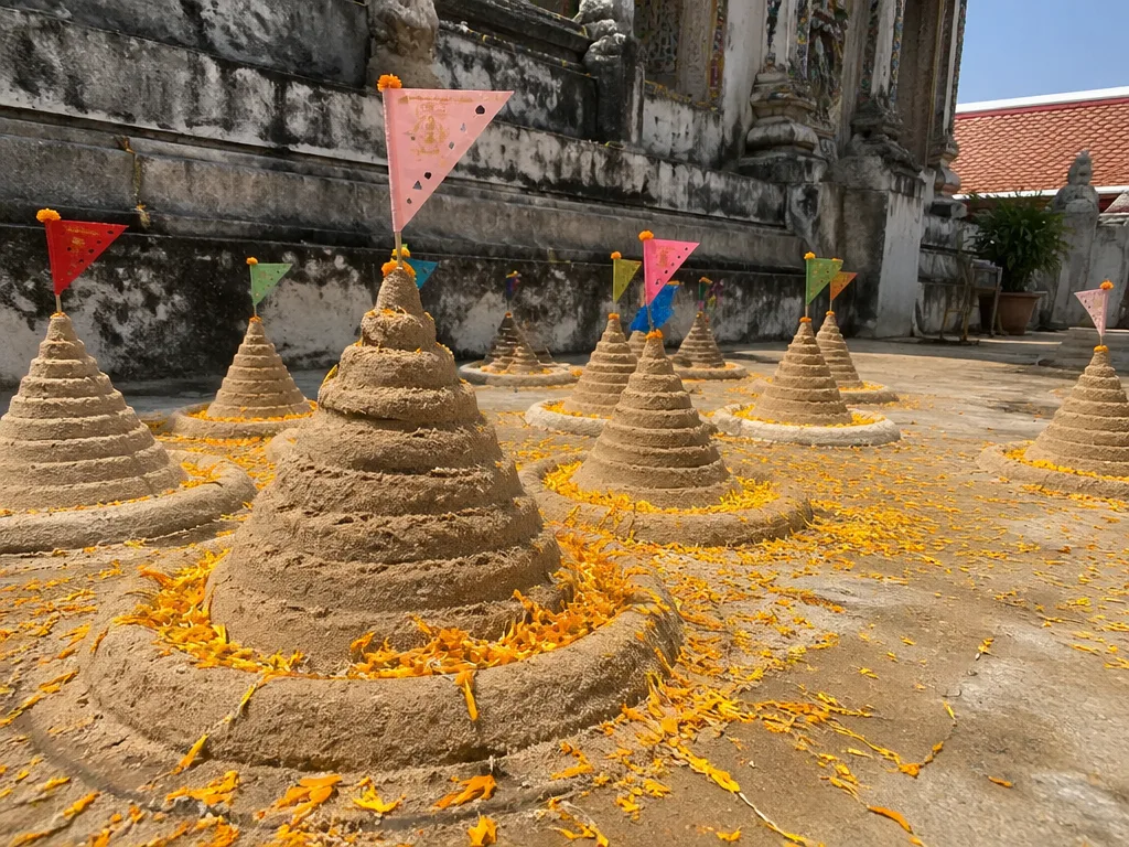 タイ寺院の境内に旗で飾られた砂のパゴダ