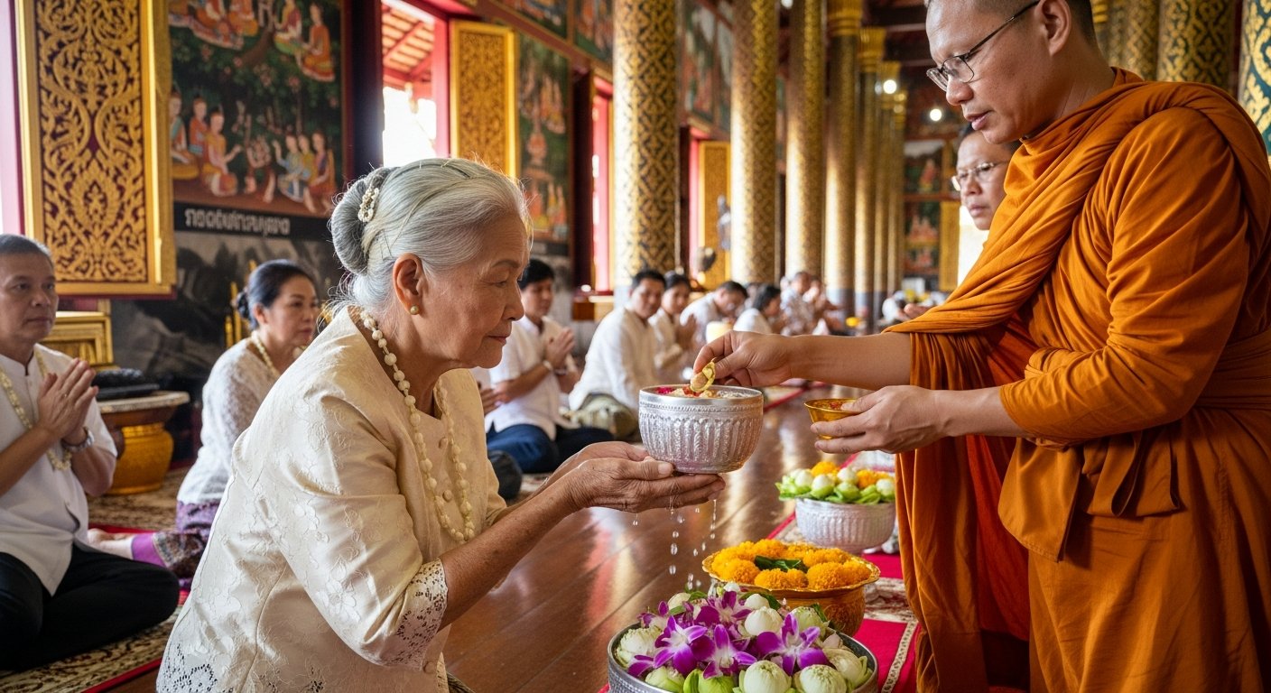 传统泼水节仪式中人们往佛像上浇水