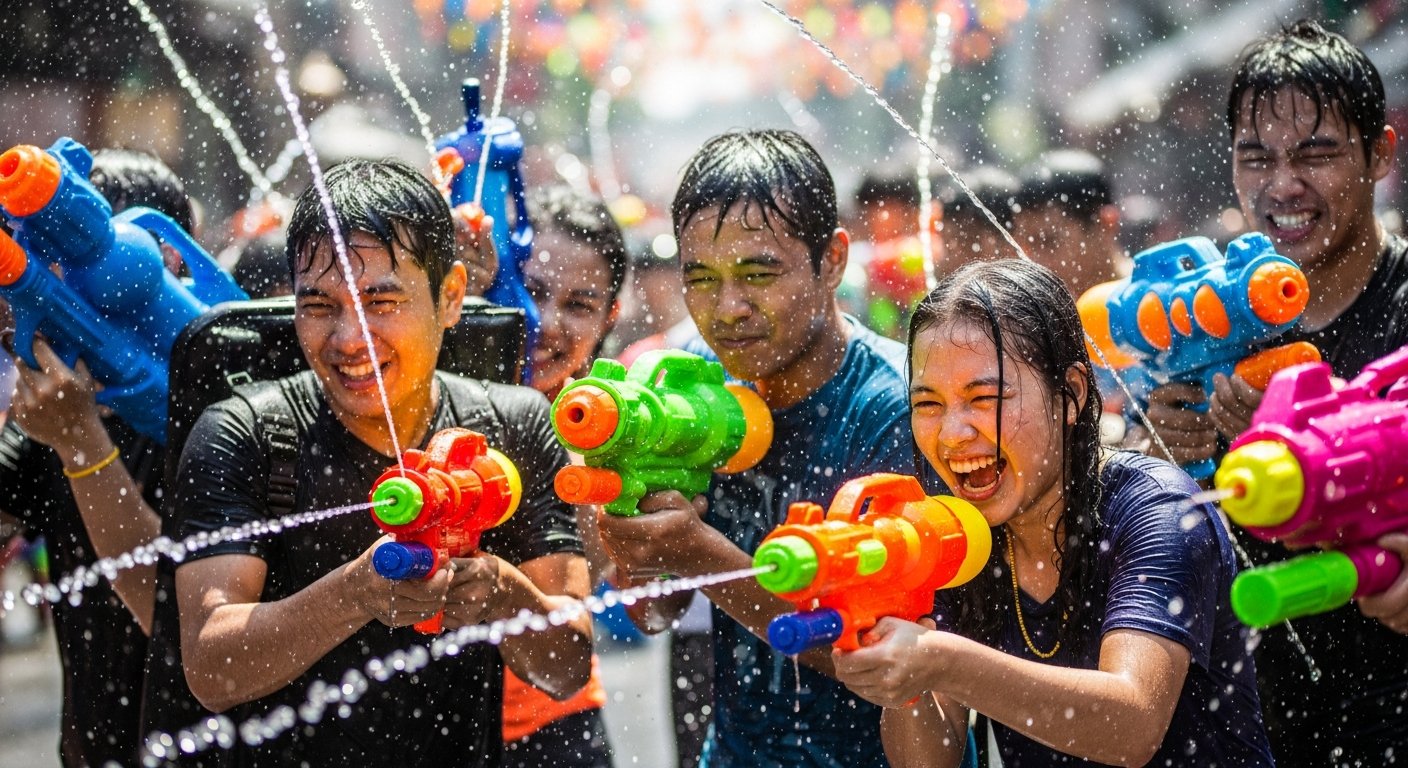 在曼谷寺庙附近用彩色水枪庆祝泼水节的人们