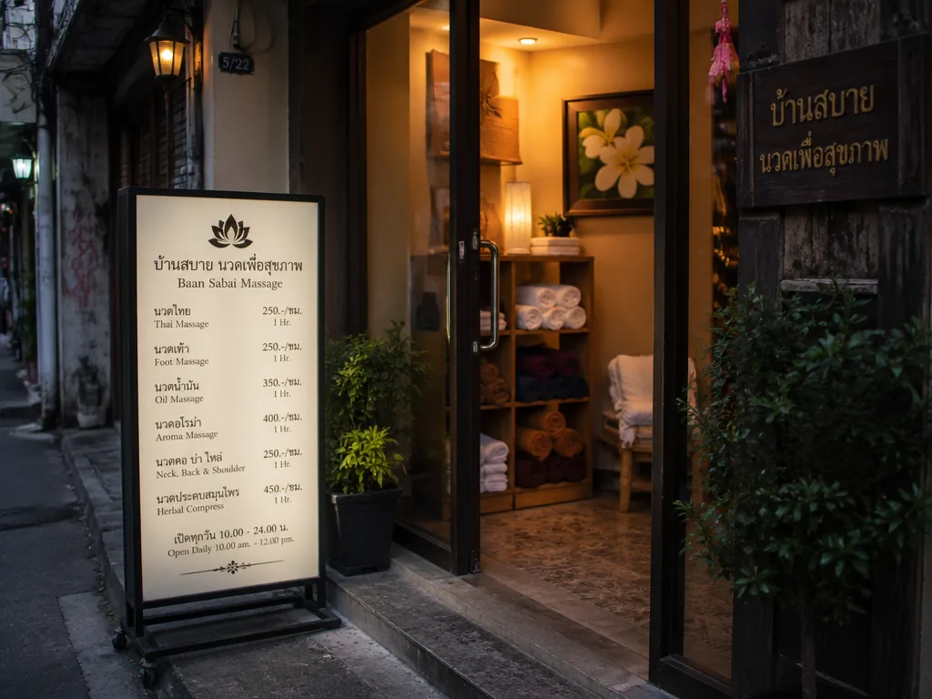 バンコクの裏通りにあるマッサージ店の入り口と料金ボード