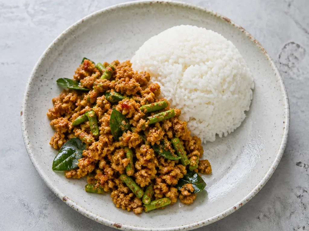 Southern Thai khua kling minced pork dry curry with chili and turmeric