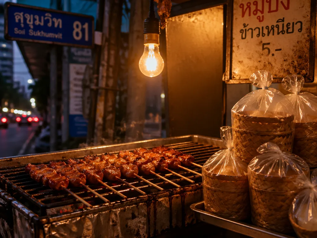 Grilled pork skewers being cooked over charcoal at a Sukhumvit street stall