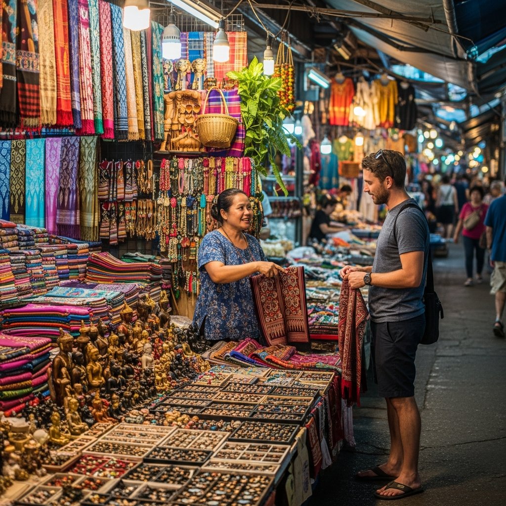 Colorful Thai market stalls with merchandise