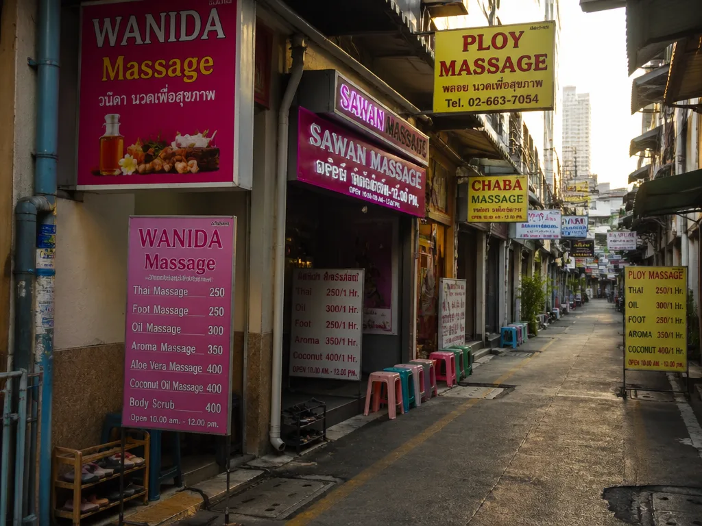 Bangkok side street lined with massage shop signs