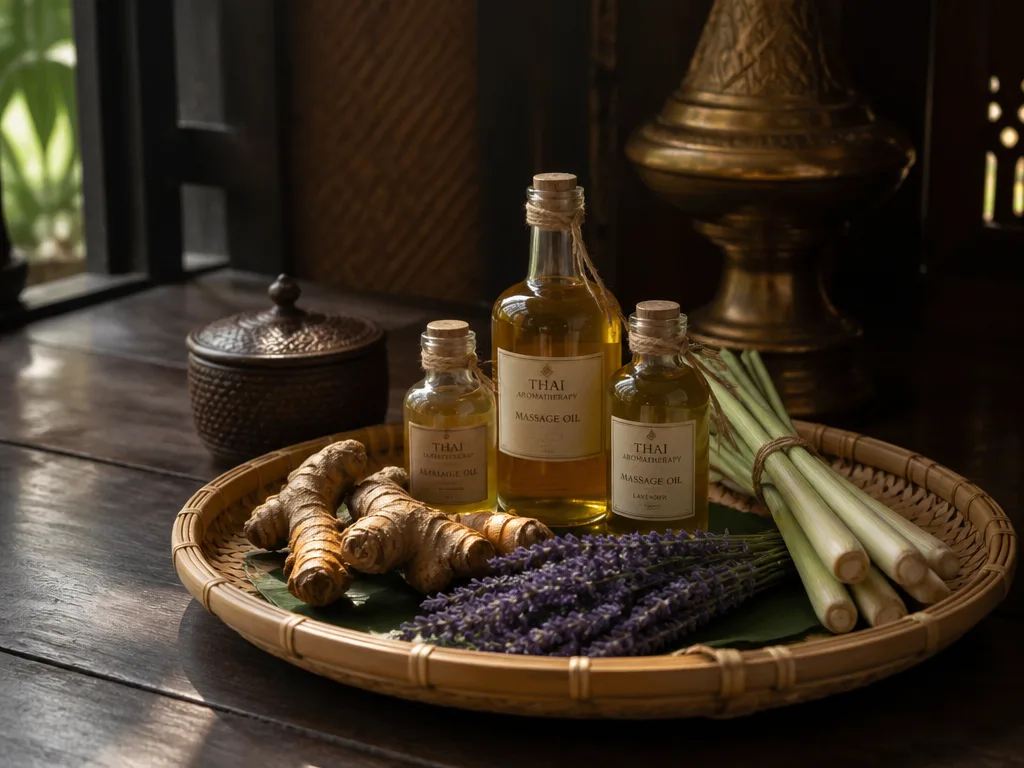 Bottles of Thai aromatherapy massage oil bamboo tray