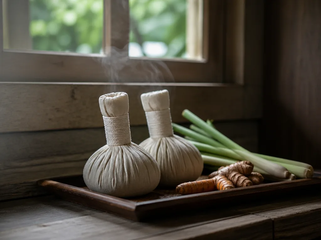 Steamed herbal compress balls wooden tray spa
