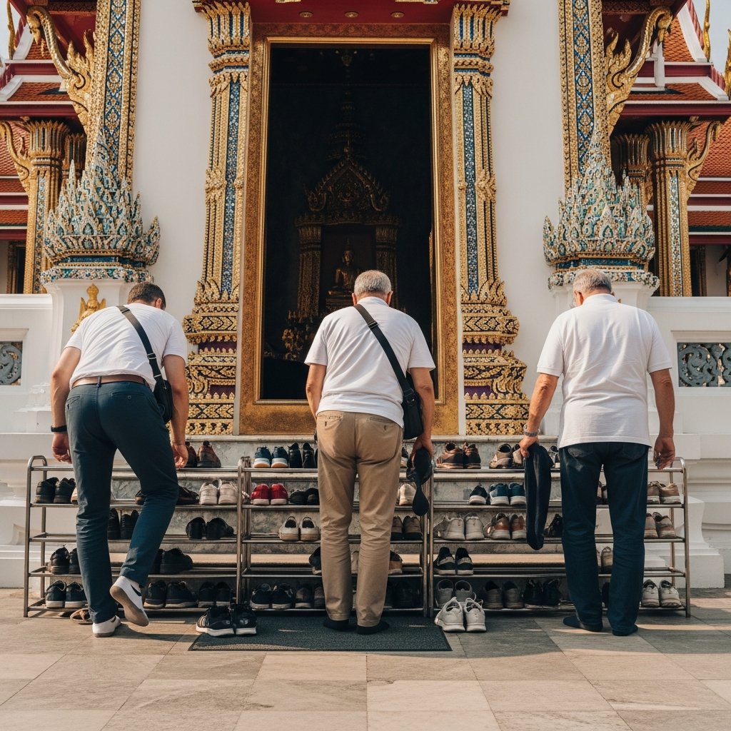 Tourists visiting Thai temple with proper dress