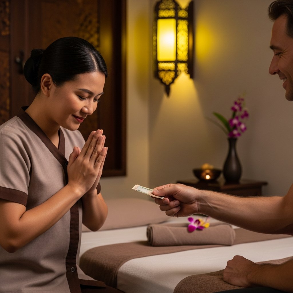 Thai massage therapist receiving tip