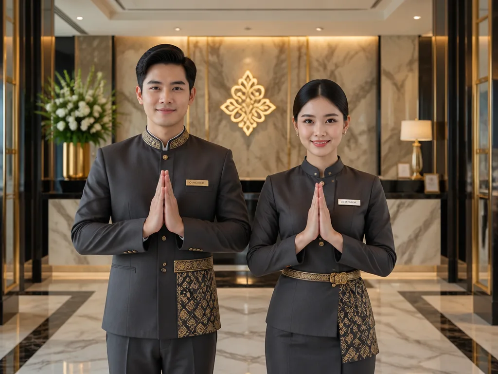 泰国酒店员工在豪华大堂行欢迎合十礼