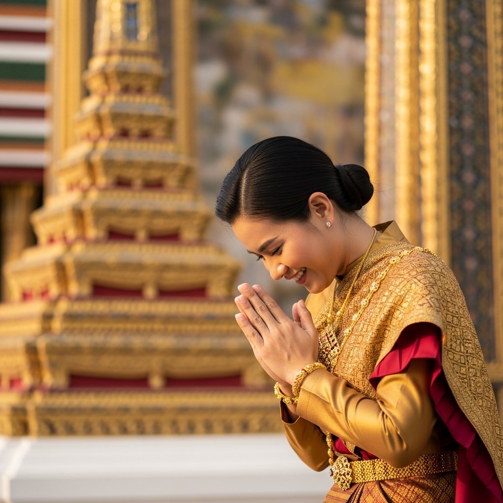 Thai wai greeting gesture in a temple setting