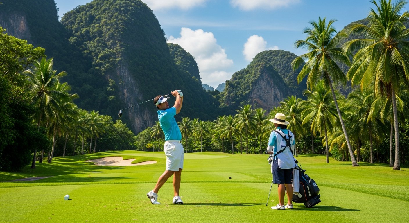 曼谷高尔夫球场翠绿球道与棕榈树