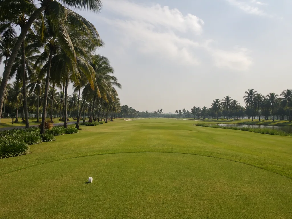 Lush green fairway at a Bangkok golf course with palm trees