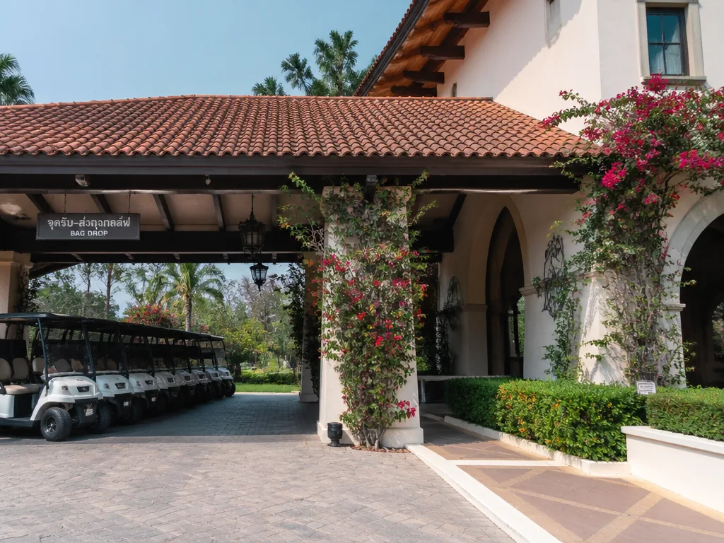 Golf clubhouse entrance with carts lined up in Thailand