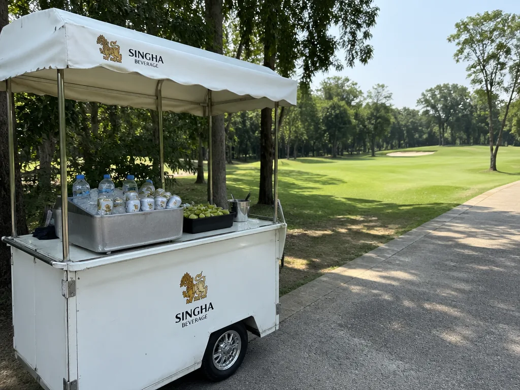 On-course beverage cart with cold drinks beside a fairway