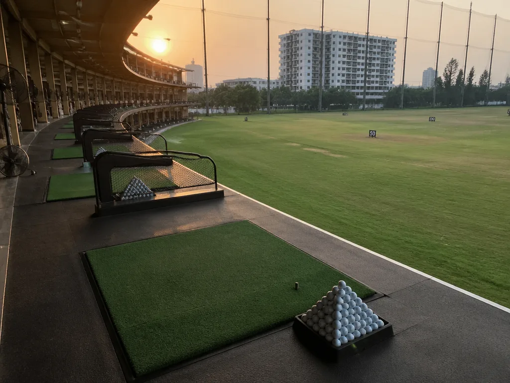 Driving range with covered hitting bays in suburban Bangkok