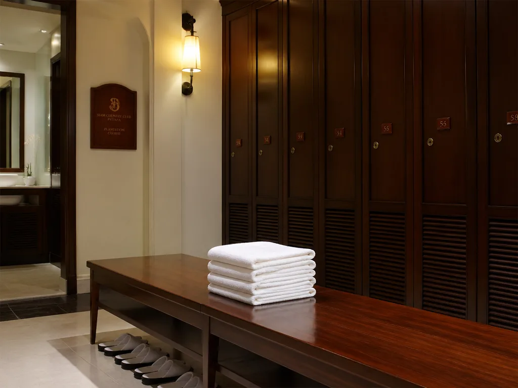 Locker room interior at a Thai golf clubhouse with hot towels