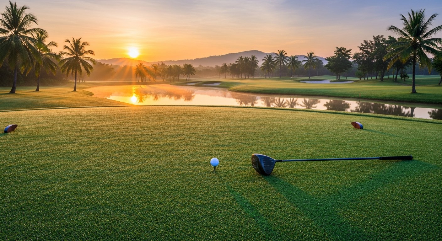 高尔夫球手在泰国球场开球,球童站在一旁