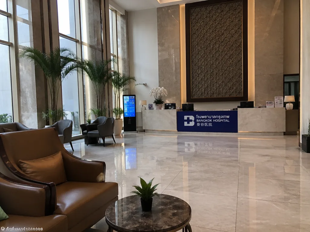 Modern Bangkok hospital lobby with glass facade