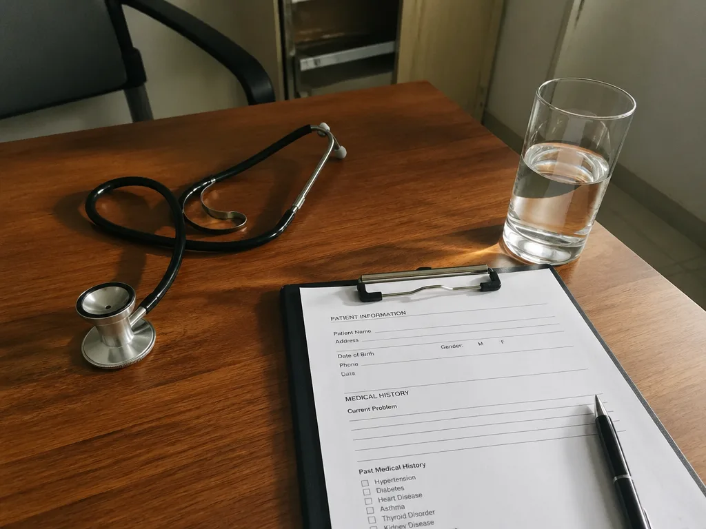 Doctor stethoscope and clipboard on hospital desk
