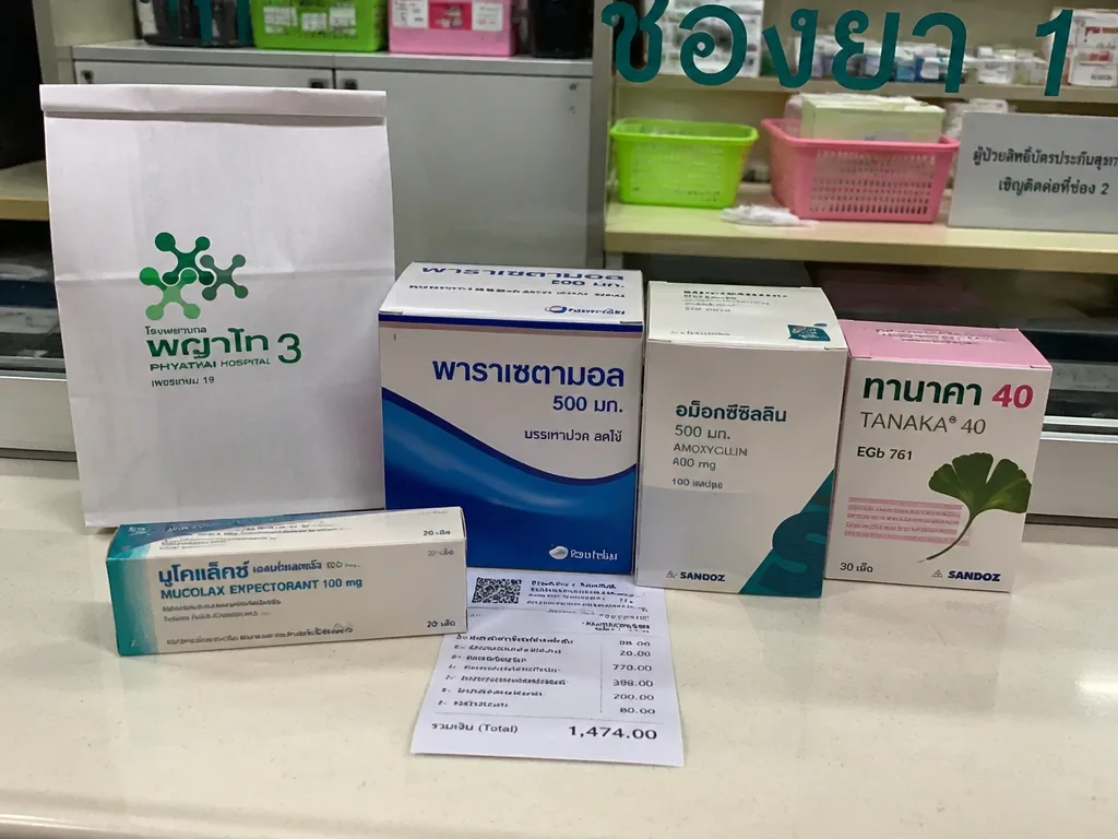 Pharmacy counter with Thai medicine packaging