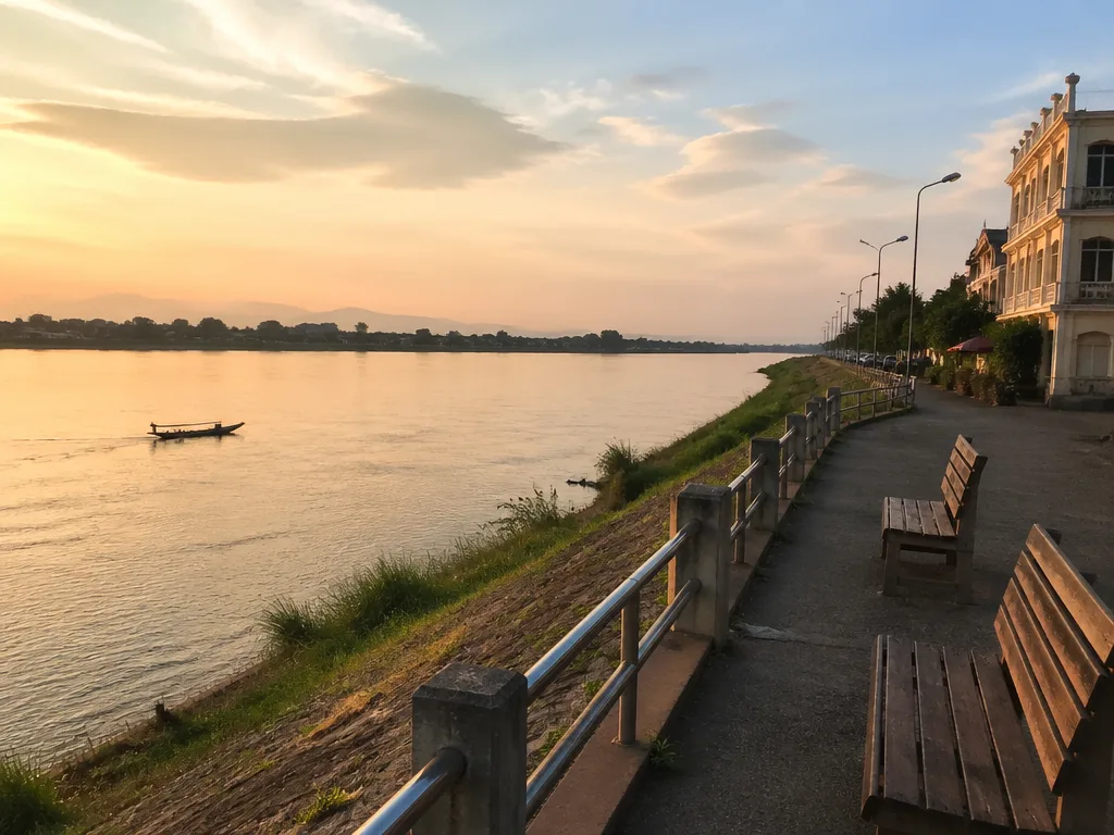 ヴィエンチャンのメコン川沿いの夕暮れ風景