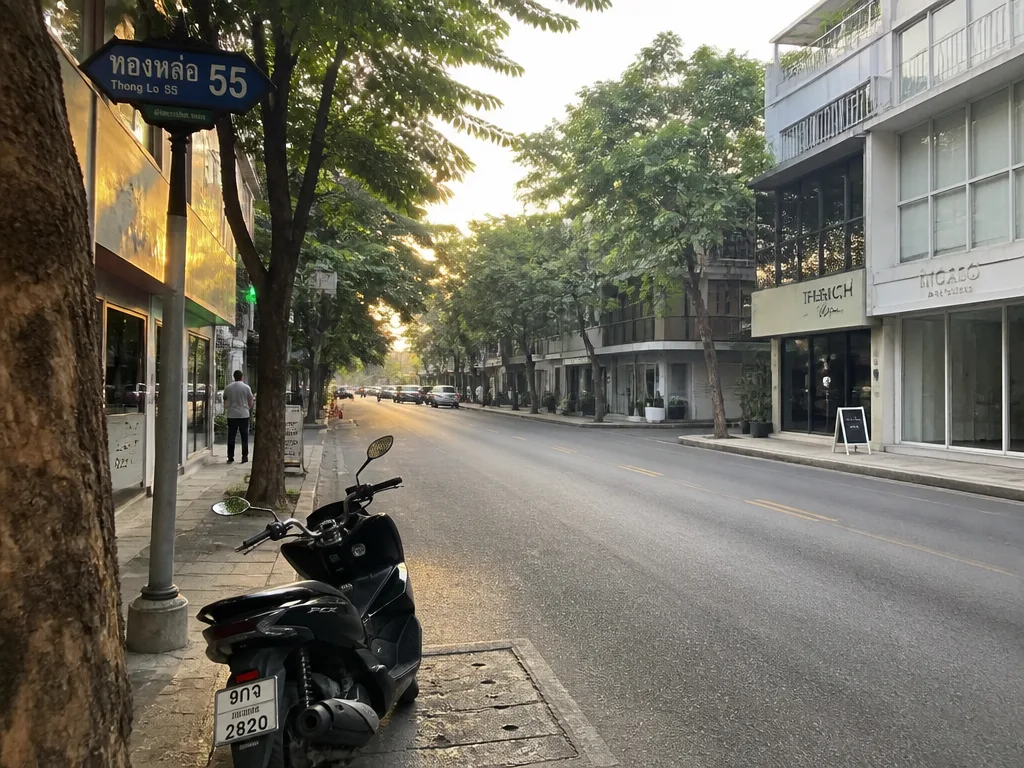 Tree-lined Thonglor Soi 55 main road at golden hour