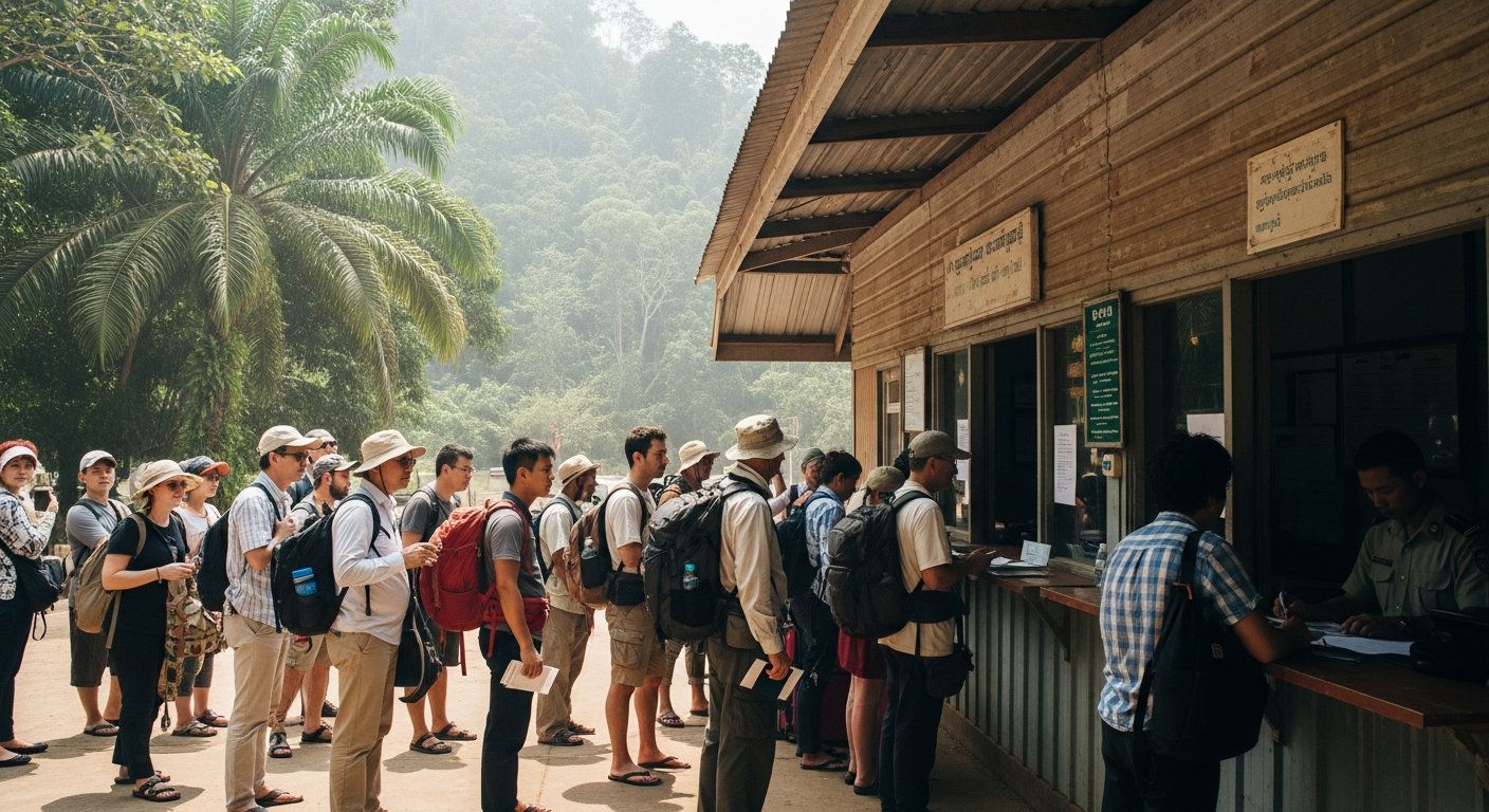 Long queue at a Thai-Cambodia border checkpoint