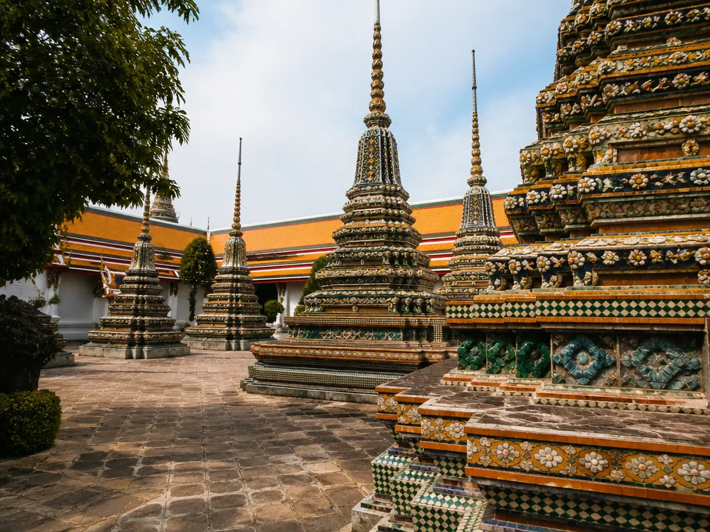 金色の仏塔が並ぶワットポー寺院の中庭の風景