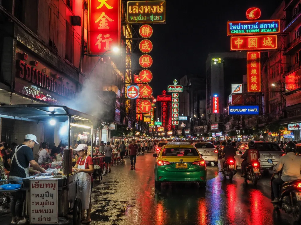Yaowarat Road at night under bright Chinese neon signs