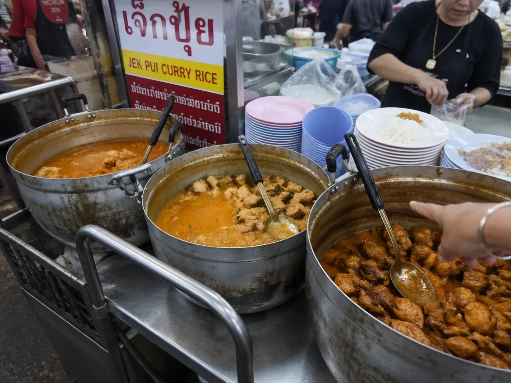 Steaming pots of Thai curry on display at Jek Pui curry stall