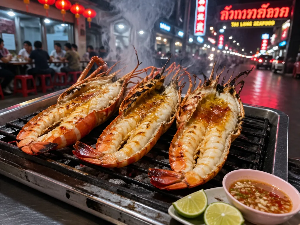 Charcoal-grilled river prawns on aluminum tray